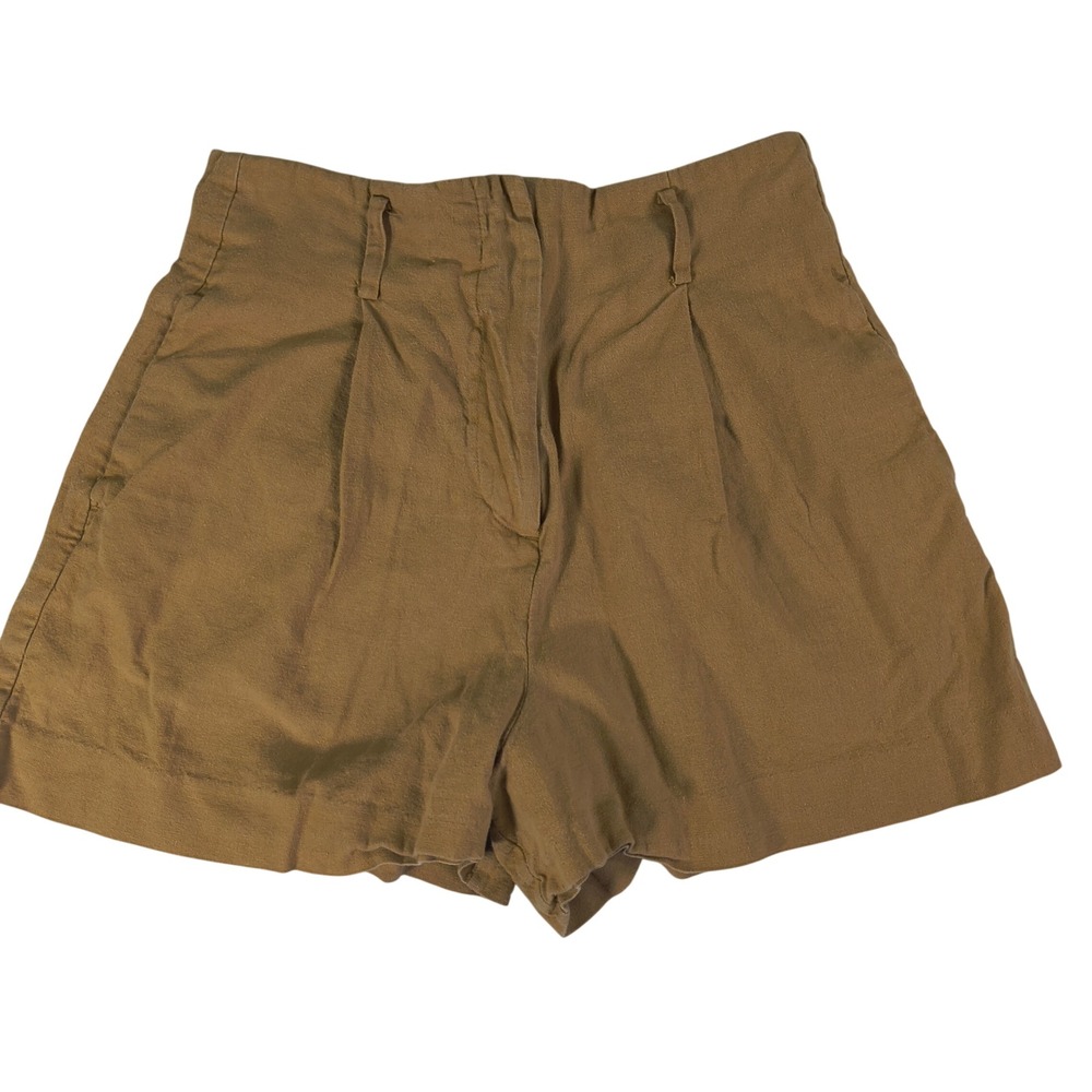 Zara Womens Camel Brown Linen Blend High Waisted Pleated Tailored Shorts Size M